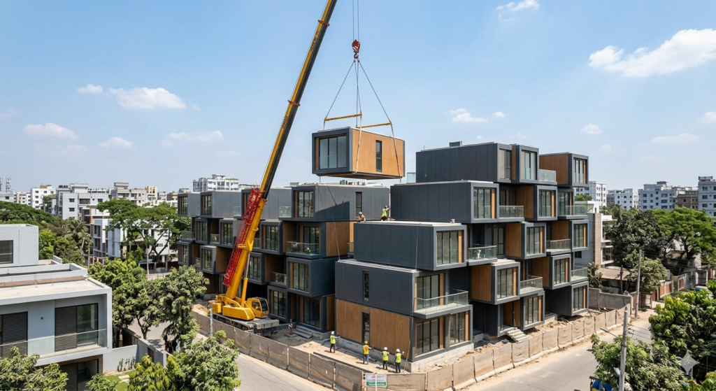 Crane lifting prefabricated structures for a modern modular building design project.